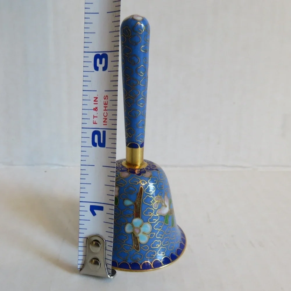 Vintage Cloisonne Enamel Hand Bell Blue Floral Butterfly Chinoiserie 3.5 Inch